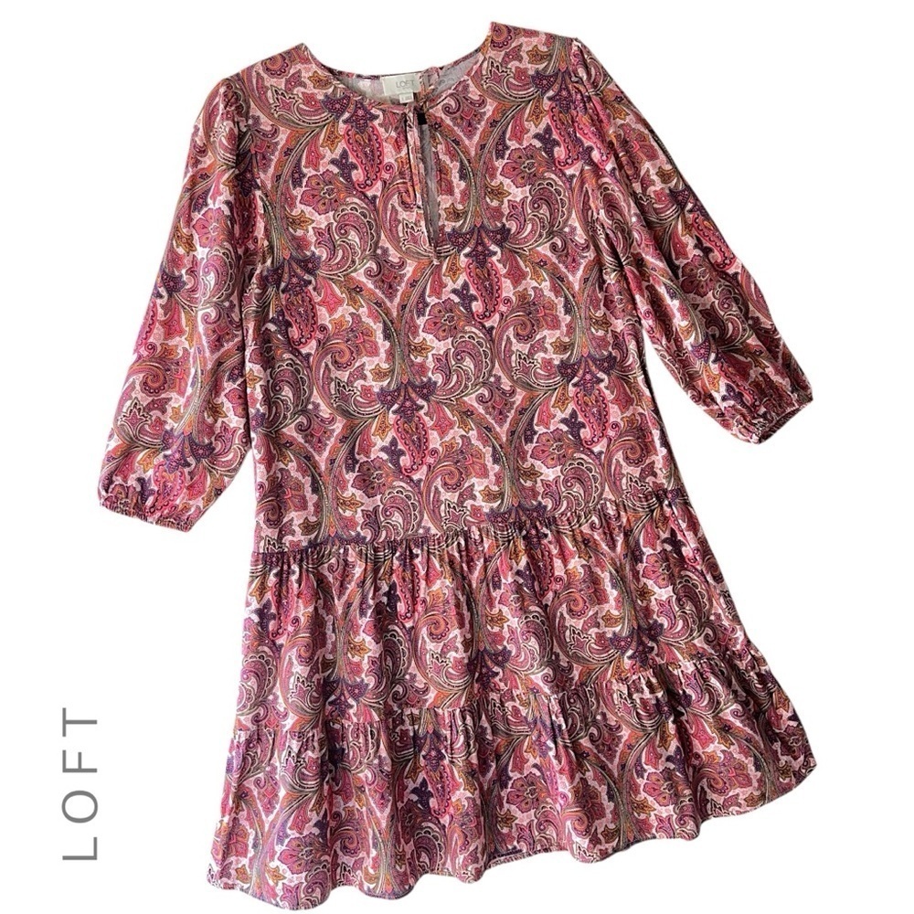 LOFT | NWOT PINK PAISLEY DROP WAIST TIERED RUFFLE DRESS BOHO COTTON BLEND XSP